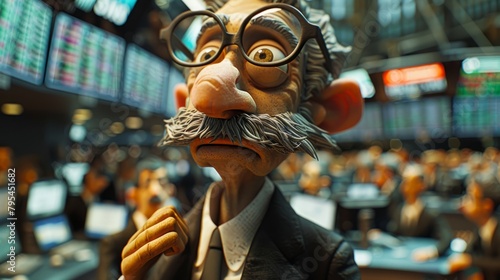 A puppet stockbroker is looking at the stock market photo