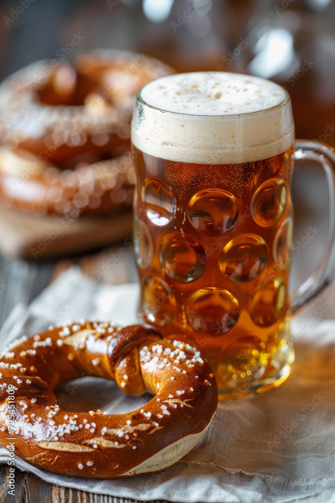 Beer and Pretzel on Bright Wooden Table Beer and Pretzel on Bright Wooden Table