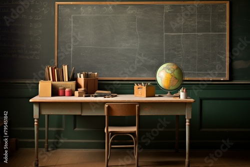 b'Vintage Classroom With Globe And Books'