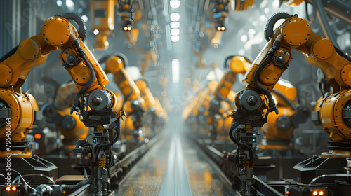 Industry Robotic arms in synchronized operation on an assembly line, illustrating the efficiency of automated manufacturing processes.