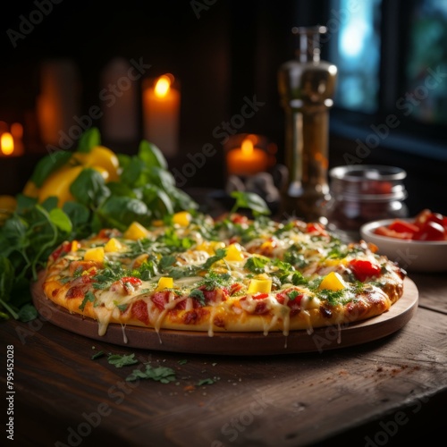 b'A delicious pizza with melted cheese, bell peppers, and basil'
