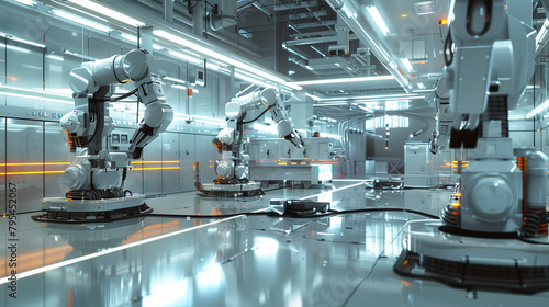 Industry Robotic arms in synchronized operation on an assembly line, illustrating the efficiency of automated manufacturing processes.