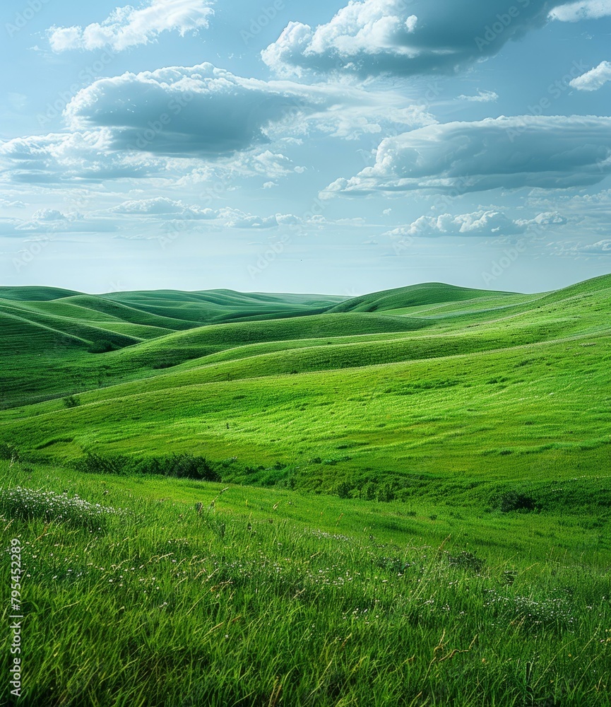 b'Green rolling hills under a blue sky with white clouds'