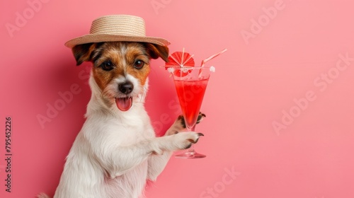 Jack Russell Terrier holding a cocktail glass with a playful grin and wearing a straw hat, against a pink background, embodying a summer vibe