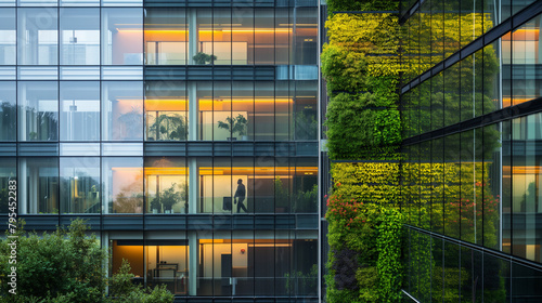 Vertical garden on modern office building facade under clear blue sky. Generative AI