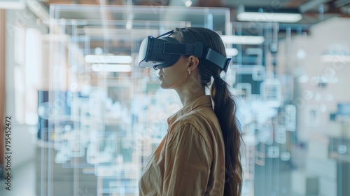 A woman wearing a virtual reality headset in a futuristic setting.