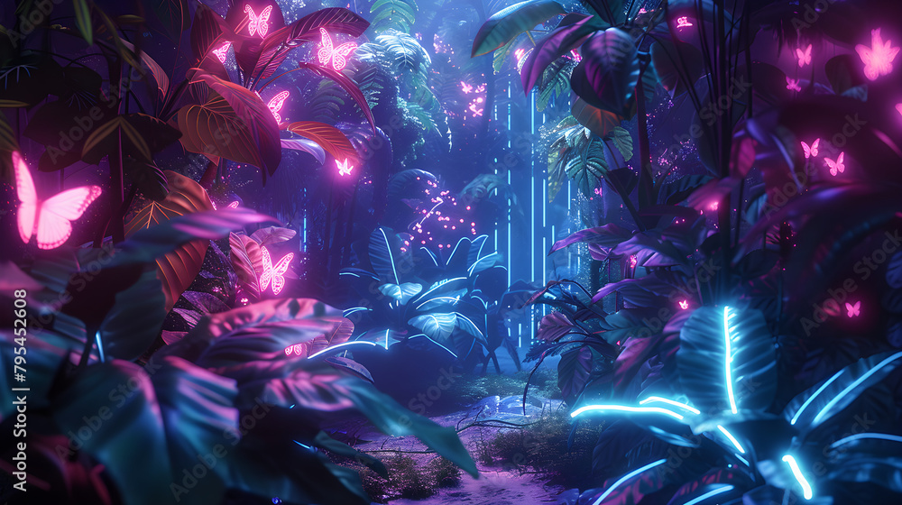 A futuristic cybernetic jungle features bioluminescent plants, neon-lit vines, and holographic butterflies, blending natural beauty and high-tech elements. A futuristic cybernetic jungle features bioluminescent plants, neon-lit vines, and holographic butterflies, blending natural beauty and high-tech elements.
