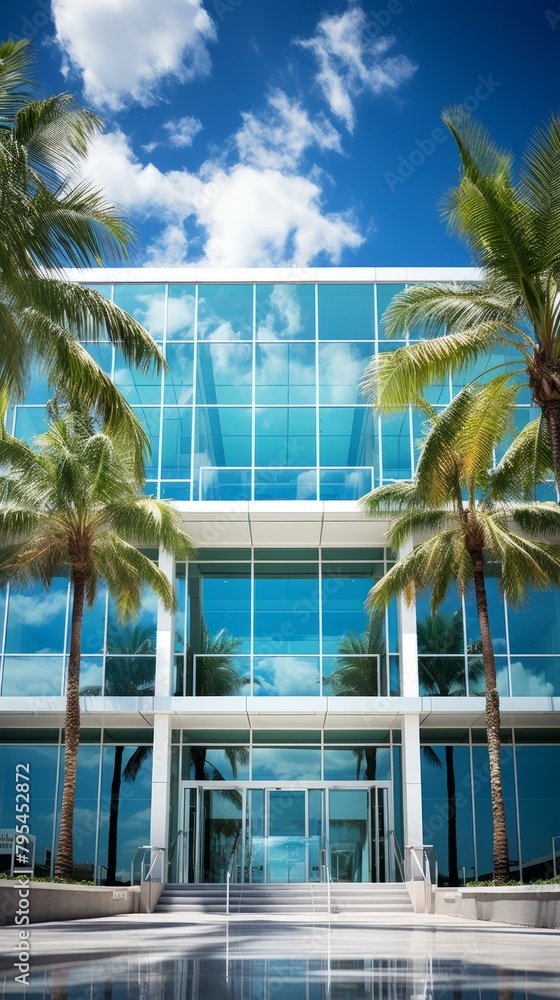 b'Modern glass office building with palm trees'