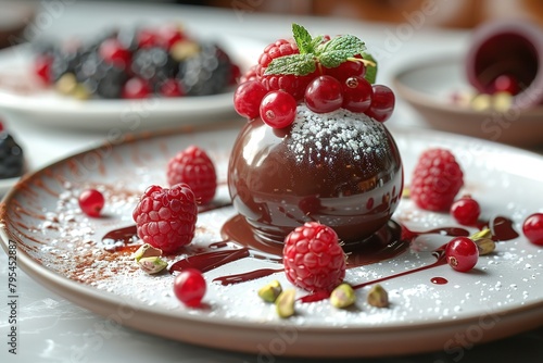 A dark chocolate sphere, covered in a glossy black glaze and topped with fruit or ice cream