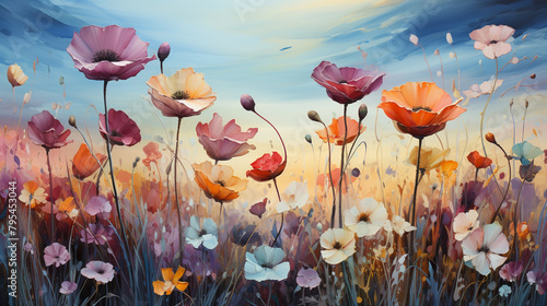 A mesmerizing array of wildflowers dancing gracefully in the wind, their colors blending seamlessly into a picturesque abstract illustration background of meadows and sky.