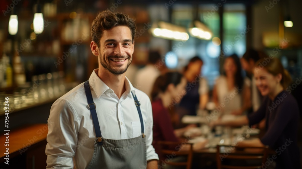 b'Portrait of a happy waiter in a restaurant' b'Portrait of a happy waiter in a restaurant'