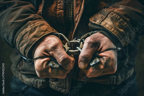 A man prisoner with chained Hands, Man in handcuffs, Close-up, man in handcuffs. Arrested man handcuffed hands, Ai generated