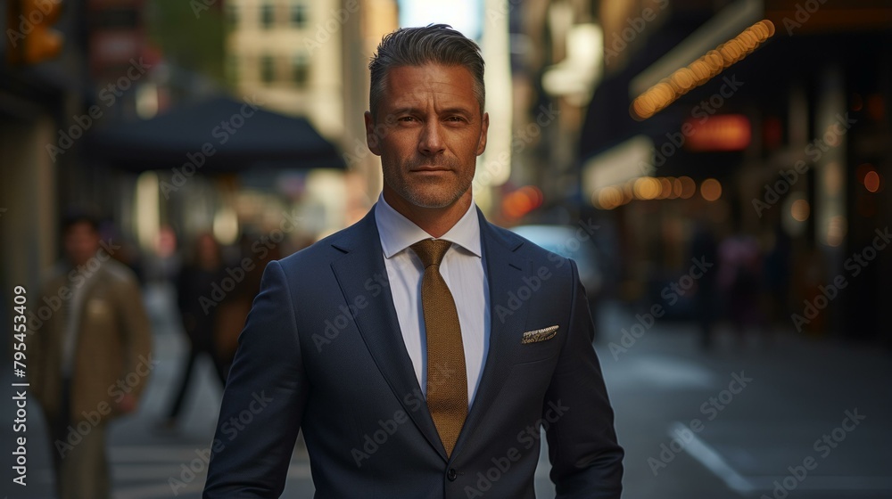 Fototapeta premium b'A man in a suit standing in a city street'