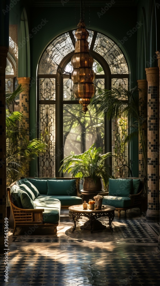 b'Elegant sunlit living room with green walls and tiled floor'