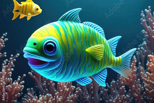 a cute adorable baby fish in aquarium in the style of children-friendly cartoon animation fantasy style