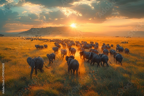 Wallpaper Mural A majestic view of a herd of elephants traversing the golden savanna plains against the backdrop of a striking sunset Torontodigital.ca