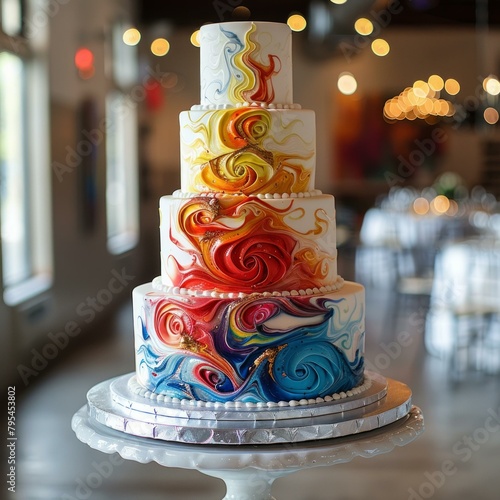 b'psychedelic rainbow wedding cake' photo