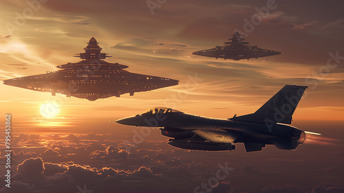 Celestial Encounter: Fighter Jet Flying Alongside Alien Spacecraft at Sunset