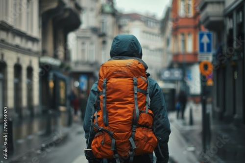 Backpacker arriving at the city, carrying backpack ,photo from behind