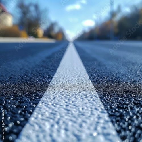 b'Close up of a white line marking on an asphalt road with blurred background'
