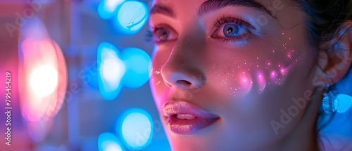 Image of woman using blue light therapy device to enhance skin. Concept beauty, skincare, technology, blue light therapy, woman portrait