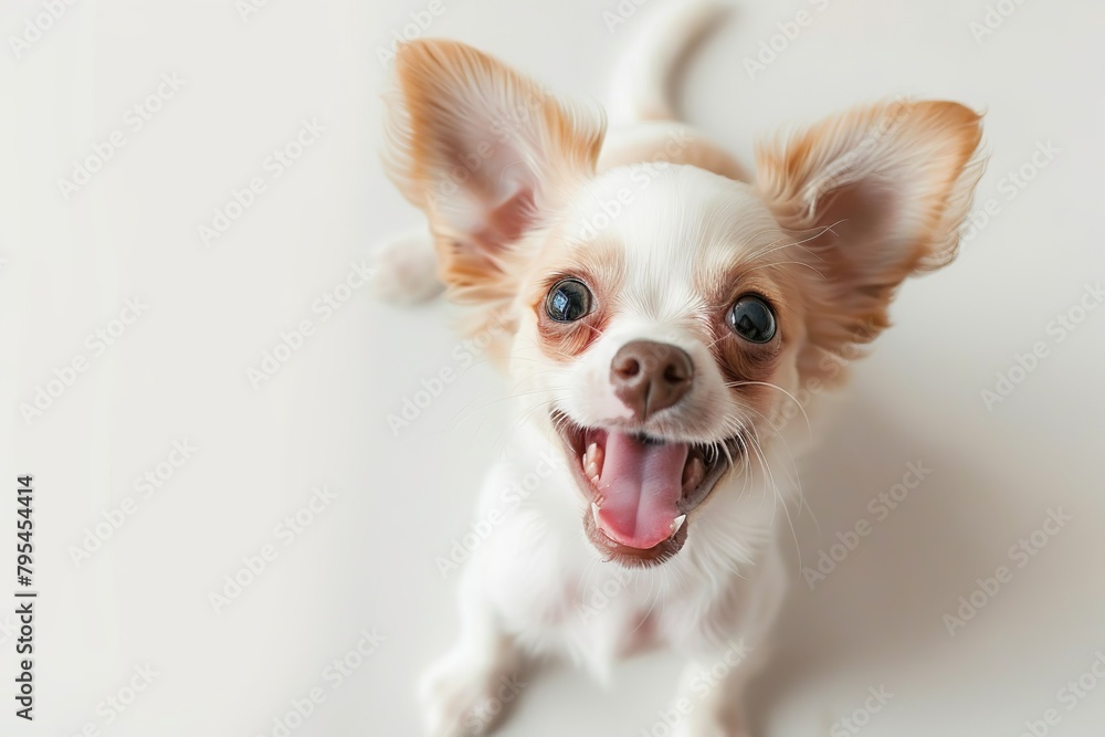 Cute and playful small dog Chihuahua sitting looking up with funny face on white studio background. Portrait of happy puppy having fun with its tongue out. Beautiful cute pup playing close up. Banner