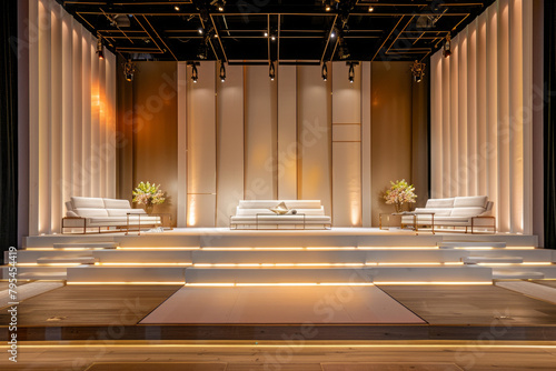 A sophisticated stage setup with minimalist decoration  characterized by sleek lines and a neutral color scheme  perfect for hosting a variety of events