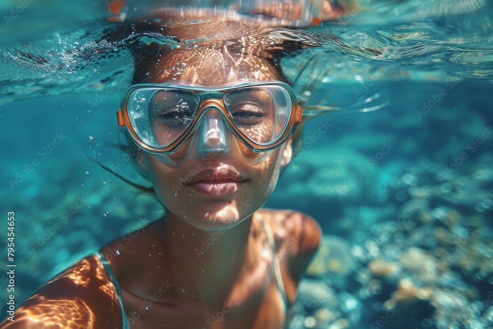 Naklejka premium An underwater perspective shows a woman snorkeling with clear visibility, highlighting the beauty of the marine environment