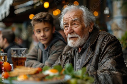 A senior man enjoying a meal outdoors, with a young boy in the background, capturing a moment of generational connection © Larisa AI