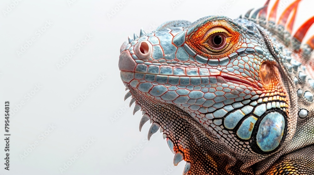 Fototapeta premium (Iguana Iguana) on a white background will show off the bright colors and intricate details of this amazing reptile. With a distinctive shade that can only be seen on the head.