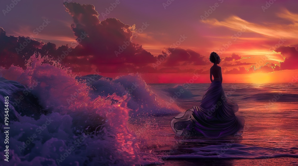 a sophisticated digital painting artwork of a panoramic view of seafoam waves coming ashore at sunset, which artistically morphs into the silhouette of a lady in a large swirling dress