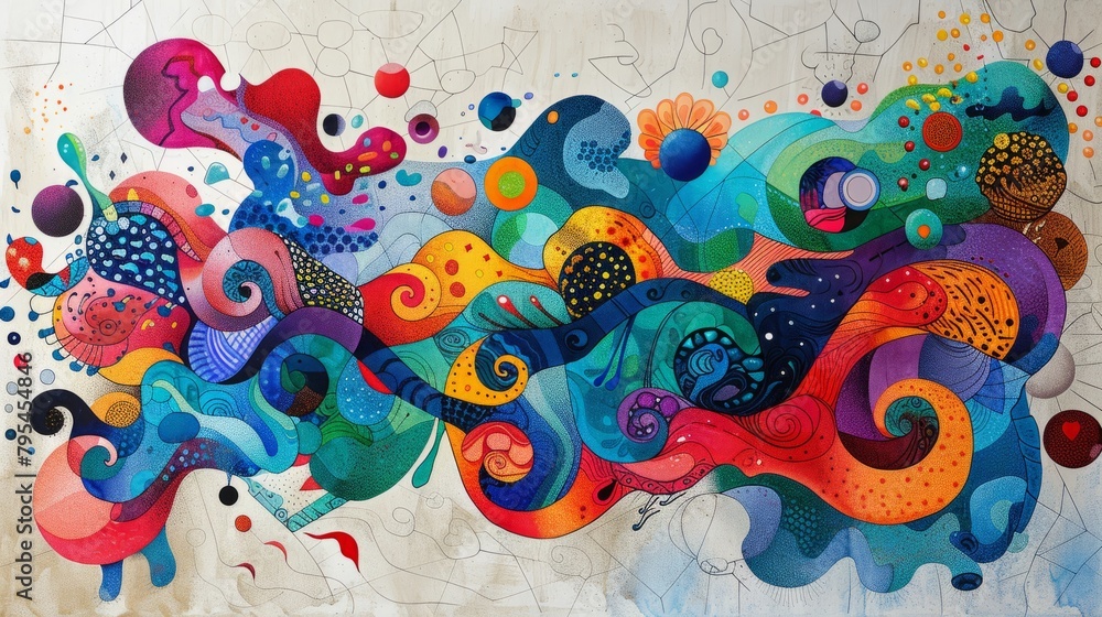 Colorful abstract painting with vibrant colors and intricate patterns.