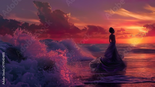 a sophisticated digital painting artwork of a panoramic view of seafoam waves coming ashore at sunset, which artistically morphs into the silhouette of a lady in a large swirling dress photo