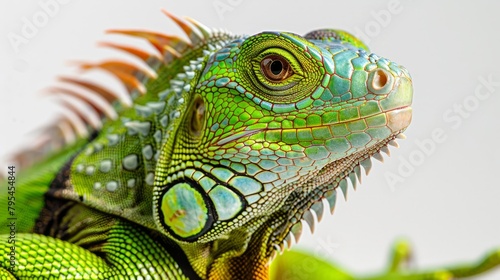 (Iguana Iguana) on a white background will show off the bright colors and intricate details of this amazing reptile. With a distinctive shade that can only be seen on the head. © Saowanee