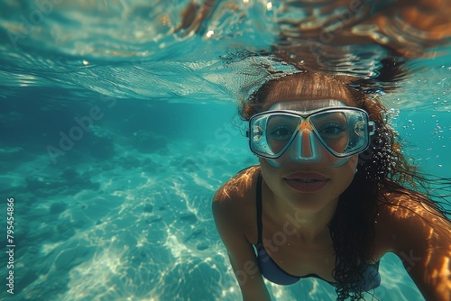 This image captures the concentration and calmness of a swimmer deeply immersed in the underwater world