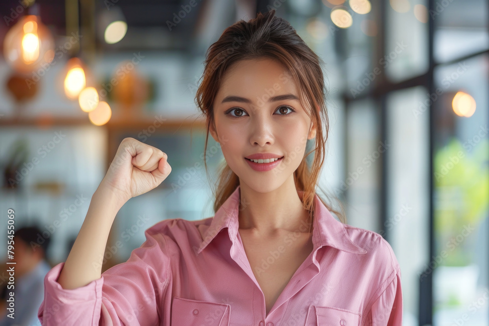 Asian business woman happy raised fist, her goal was achieved as planned Asian business woman happy raised fist, her goal was achieved as planned