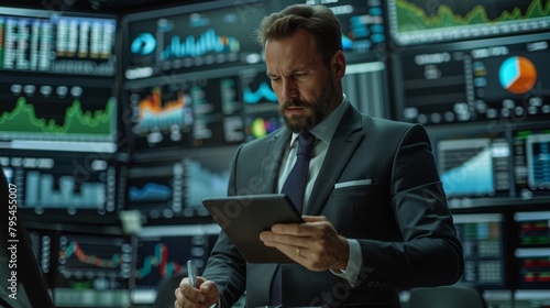 Confident businessman in a suit analyzing financial data on a digital tablet in a futuristic trading room.