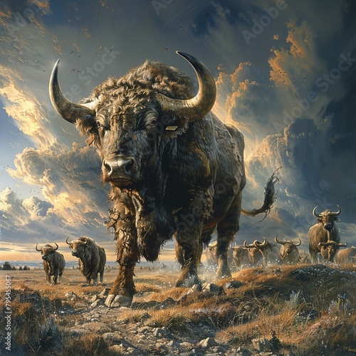 A large bull with long horns is walking towards the viewer. It is surrounded by other bulls and they are all running. The background is a stormy sky.