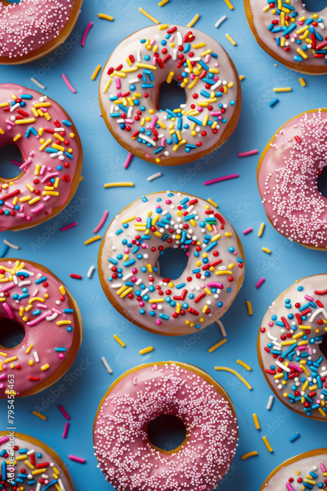 Colorful Doughnuts Delight, Sweet Treats on Blue Background Colorful Doughnuts Delight, Sweet Treats on Blue Background