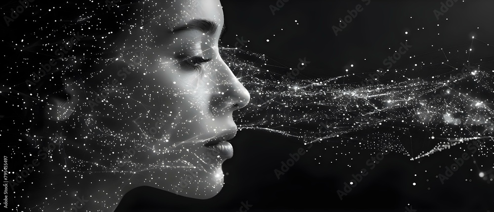 Fototapeta premium Visual representation of a womans face using a neural network. Concept Artificial Intelligence, Facial Recognition, Neural Networks, Technology, Image Processing