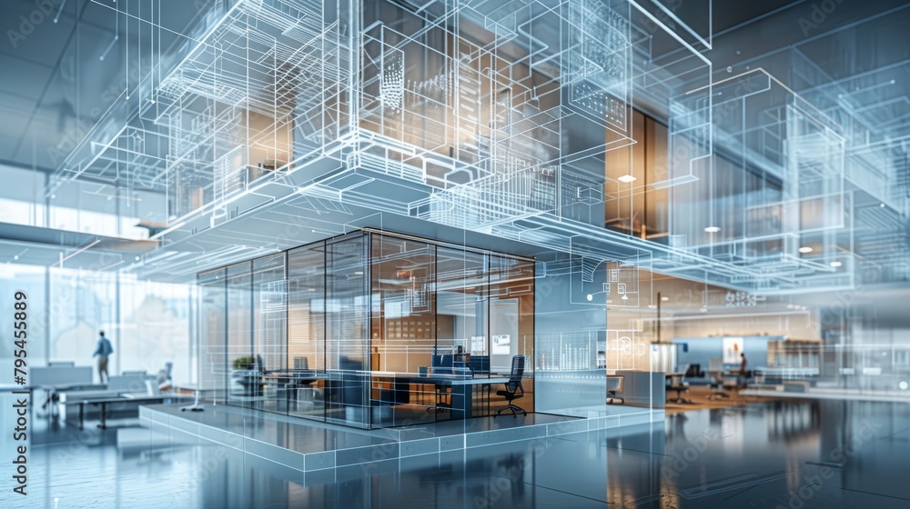 A 3D rendering of the interior of a modern office space. The walls and ceiling are made of glass and steel. There are several desks and chairs in the office. A 3D rendering of the interior of a modern office space. The walls and ceiling are made of glass and steel. There are several desks and chairs in the office.