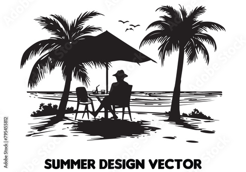 summer design palm tree sitting on chair front table and umbrella man beach for print on demand black bold simple outline vector