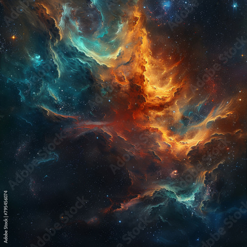 Abstract Orange-Blue Space Nebula - Cosmic Fusion