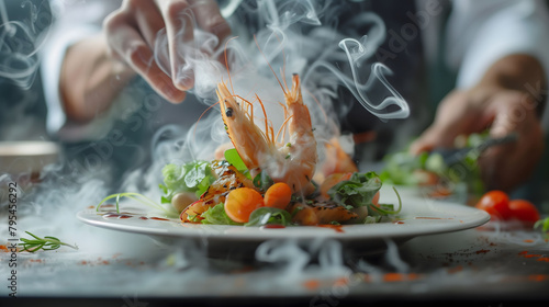 Fine Dining Artistry: Chef's Skillful Hands Crafting a Seafood Masterpiece
