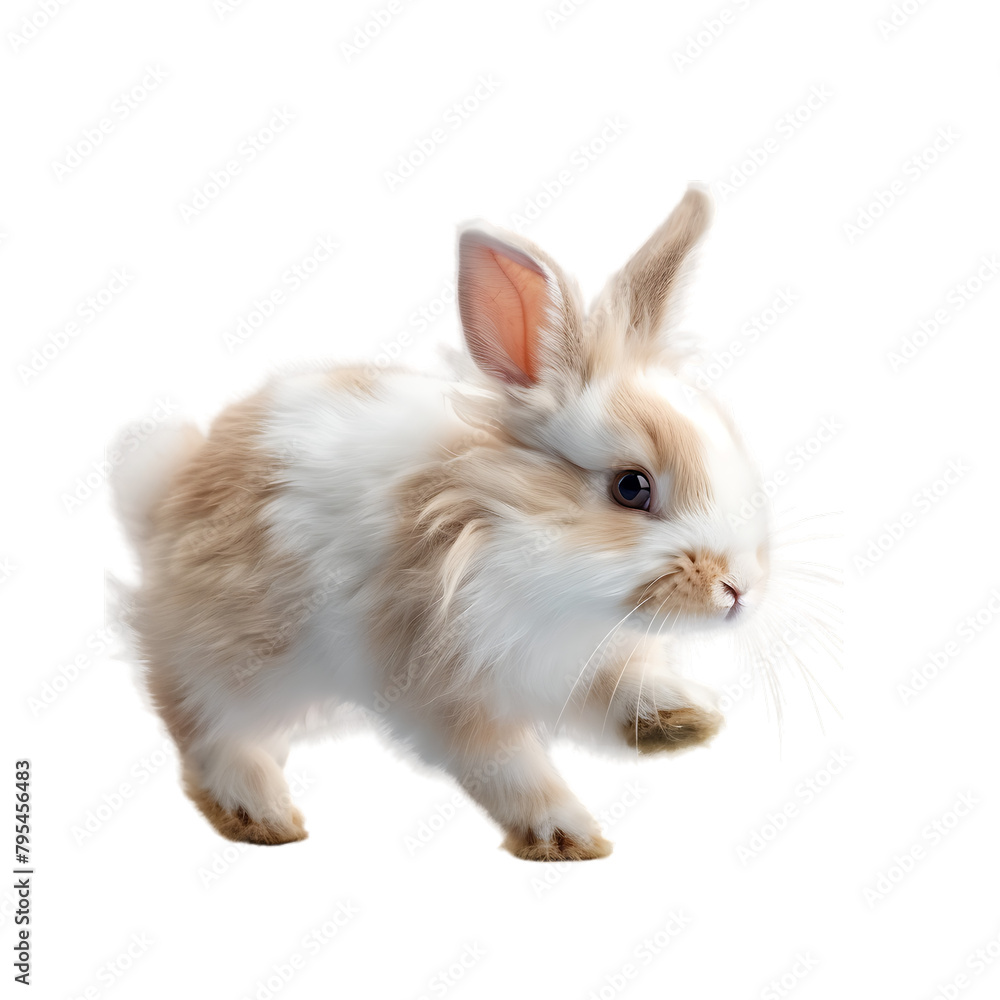 Fototapeta premium A fluffy rabbit with pink ears and a white face, standing on a white background.