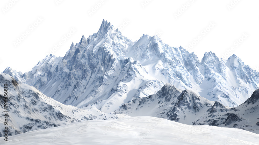 Snowy mountains with  rocks and peaks, isolated on white background