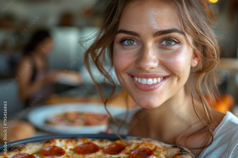 Close-up portrait of a young woman with ocean blue eyes enjoying a slice of pizza