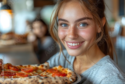 An engaging young woman with bright eyes happily holding a pepperoni pizza