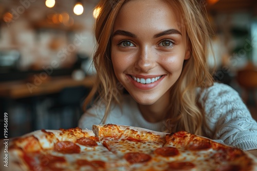 A radiant young woman in a casual sweater happily offering a slice of hot pizza