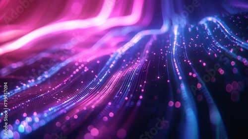 Abstract futuristic background with purple and blue glowing neon moving high speed wave lines and bokeh lights. Visualization of sound waves. Data transfer. Fantastic wallpaper gen by AI